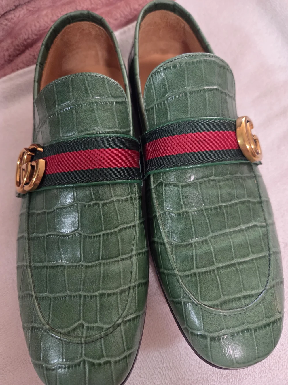 Gucci Green Crocodile-Embossed GG Web Loafers with Gold Hardware